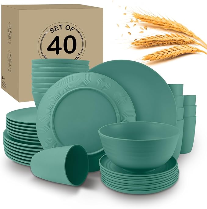 Wrova 40Pack plates and bowls sets for kids - Unbreakable wheat straw dinnerware sets service for 8 - Alternative plastic 40pcs dish sets for kitchen, camping and indoors dinning - (Green)
