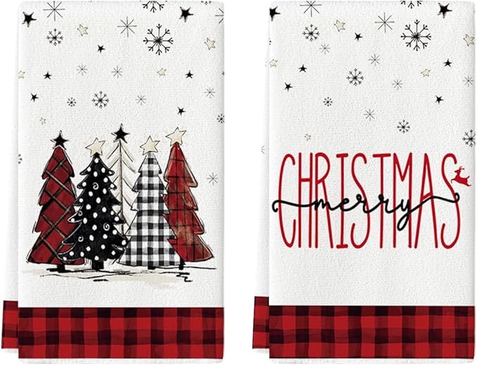 Artoid Mode Black Red Merry Christmas Kitchen Towels Dish Towels, 18x26 Inch Buffalo Plaid Winter Xmas Trees Star Decoration Hand Towels Set of 2