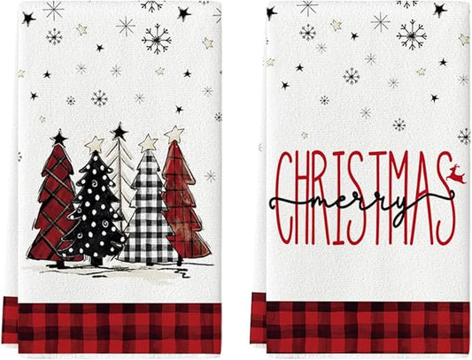 Artoid Mode Black Red Merry Christmas Kitchen Towels Dish Towels, 18x26 Inch Buffalo Plaid Winter Xmas Trees Star Decoration Hand Towels Set of 2