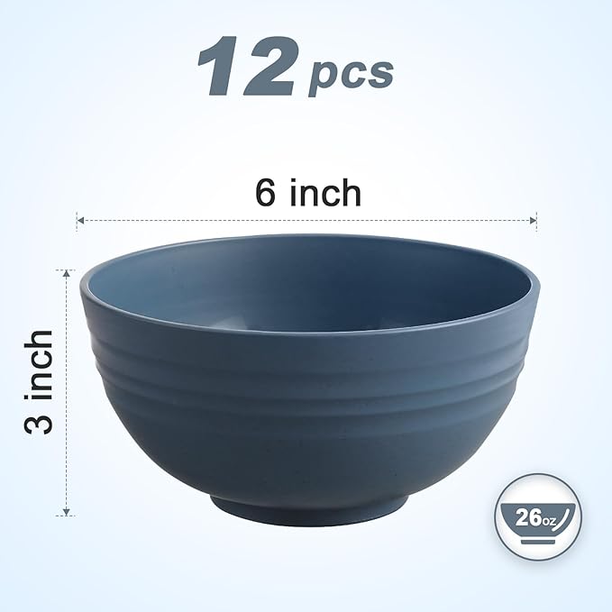 12 Pcs Unbreakable Cereal Bowls Set, 26 Oz Wheat Straw Bowls Set, Microwave & Dishwasher Safe Bowls for Kitchen, Reusable Plastic Bowls for Soup, Salad and Snack, BPA Free, Dark Blue