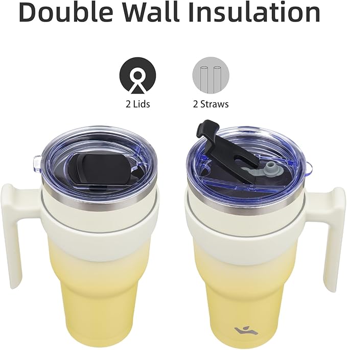 40 oz Tumbler with Handle and 2 Straw 2 Lid, Insulated Water Bottle Stainless Steel Vacuum Cup Reusable Travel Mug,Lemon