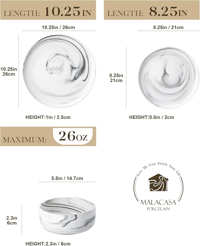 MALACASA Plates and Bowls Sets, 12 Pieces Porcelain Dinnerware Sets Dishware Sets Chip Resistant Ceramic Dish Set Dining Dinner Ware Service for 4, Marble Grey, Series LUNA