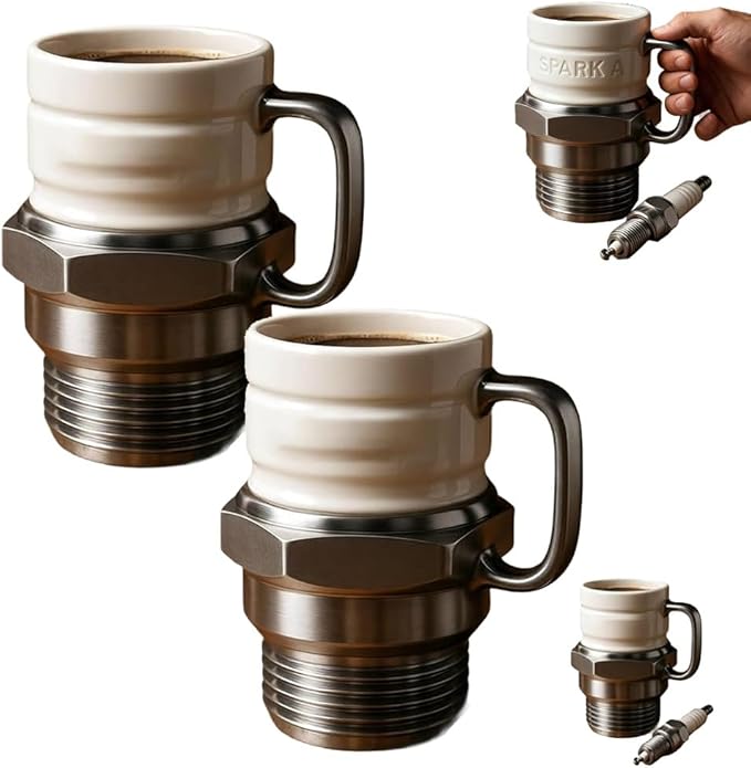 Spark Plug Mug, Creative Ceramic Coffee Cup Shaped Like Engine Spark Plug, Unique Novelty Auto Mechanic Gift for Car Lovers, Funny Hot Beverage Tea Cup with Handle(2pcs)