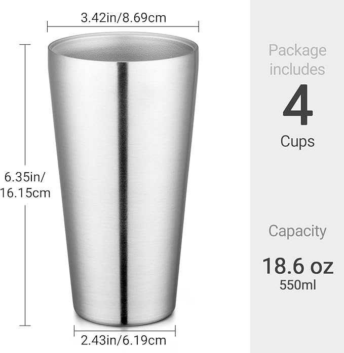 Beasea Stainless Steel Cups 19 oz, 4 Pack Large 18.6oz 550ml Stainless Steel Water Drinking Tumbler Stackable Double Wall Insulated Metal Pint Glasses Tin Cups for Home Party Camping