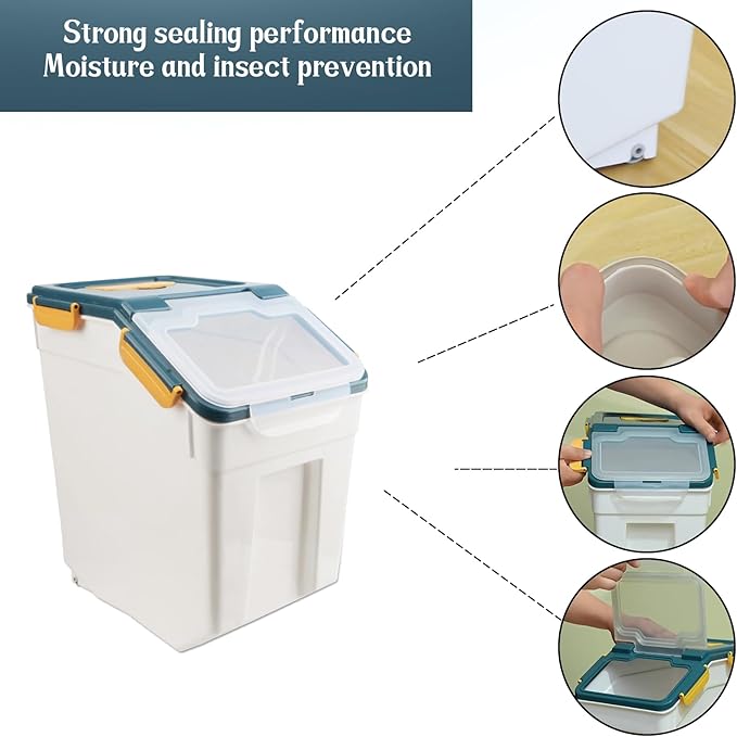 2 Pack Rice Storage Container with Measuring Cup 50 lb Flour Storage Container with Wheels, BPA Free Food Storage Container Dog Cat Food Bin Set for Dry Food Sugar, Cereal(Blue)