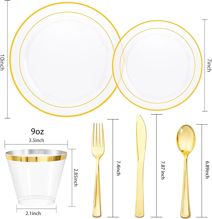 bUCLA 150Pcs Clear Gold Plastic Dinnerware Set - Clear and Gold Disposable Plates Include 25 Dinner / 25 Dessert Plates,25 Knives,25 Forks,25 Spoons,25 Cups for Party, Fall & Thanksgiving