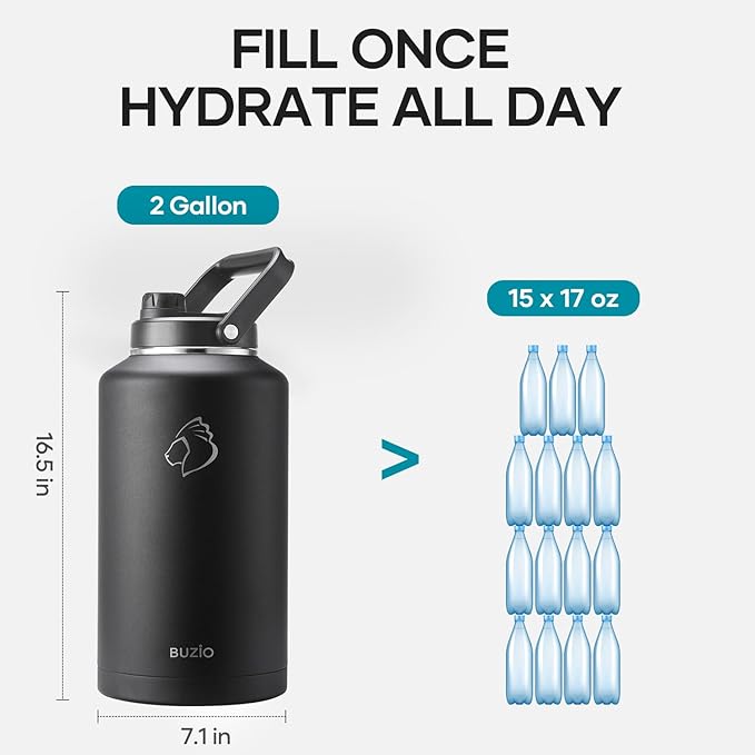 BUZIO 2 Gallon Water Bottle Insulated, (Cold for 48 Hrs) 256oz Extra Large Water Jug Stainless Steel, 4.4in Big Wide Mouth Leak Proof Metal Flask with Handle for Camping,Outdoor Work,Travel, Black