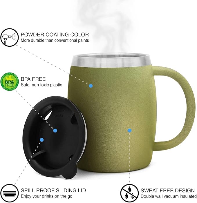 Stainless Steel Insulated Coffee Mugs Set of 2 (14oz) – Double Wall Coffee Cups With Spill Resistant Lid & Strong Handle, Shatterproof Cups for Cold Drinks, Hot Beverages, Indoor & Outdoor Use