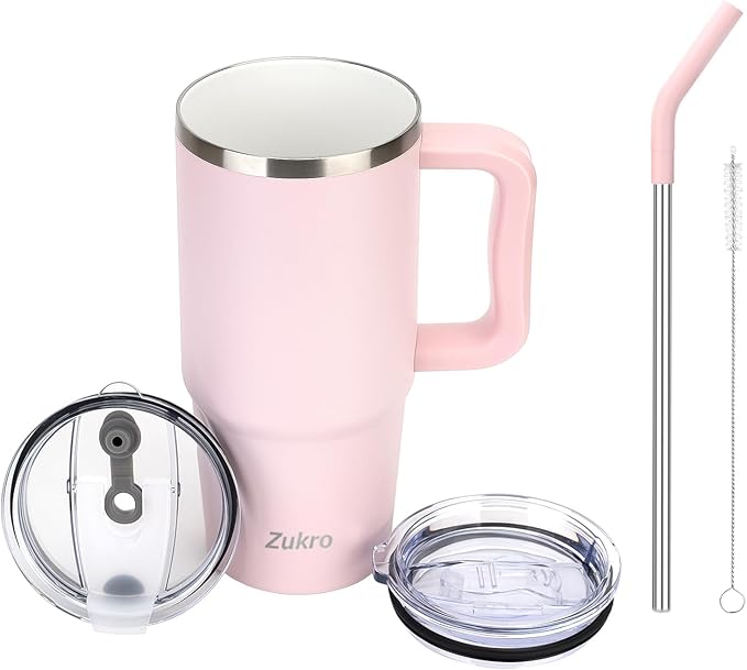 Zukro 24 oz Ceramic Lined Insulated Tumbler with Handle and Straw, No Metal Taste or Smell, Travel Coffee Mug with Spillproof Lids, No Sweat Stainless Steel Cup, Dishwasher Safe, Pink
