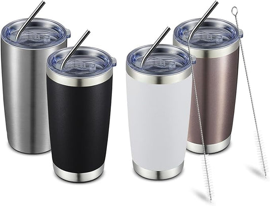 COMOOO 20oz Tumbler with Straw Stainless Steel Insulated Coffee Tumbler Cups Double Wall Vacuum Travel Coffee Mug with Splash Proof Sliding Lid for Hot Cold Drinks (Mix Color,4 Pack)