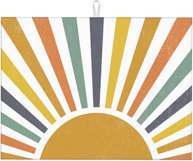 Sunshine Dish Drying Mat 18x24 for Kitchen Counter, Stripes Yellow Sun Decorative Absorbent Coffee Mat Dish Drying Pad Coffee Bar Dish Drainer Rack Mat Drainer Mat