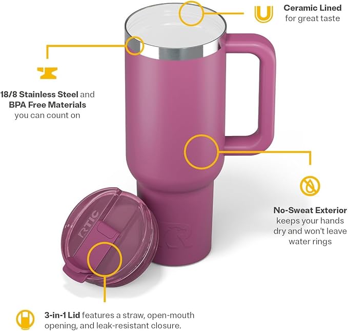 RTIC 40 oz Road Trip Tumbler Double-Walled Cermaic Lined Insulated Stainless Steel Portable Travel Coffee Mug Cup with Lid, Handle and Straw, Orchid