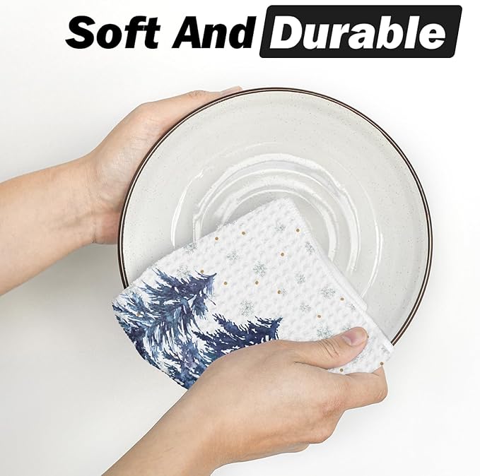 Artoid Mode Blue Snowflakes Xmas Tree Christmas Kitchen Dish Cloths, 12x12 Inch Quick Dry Microfiber Dishcloths for Kitchen Dish Rags Set of 2