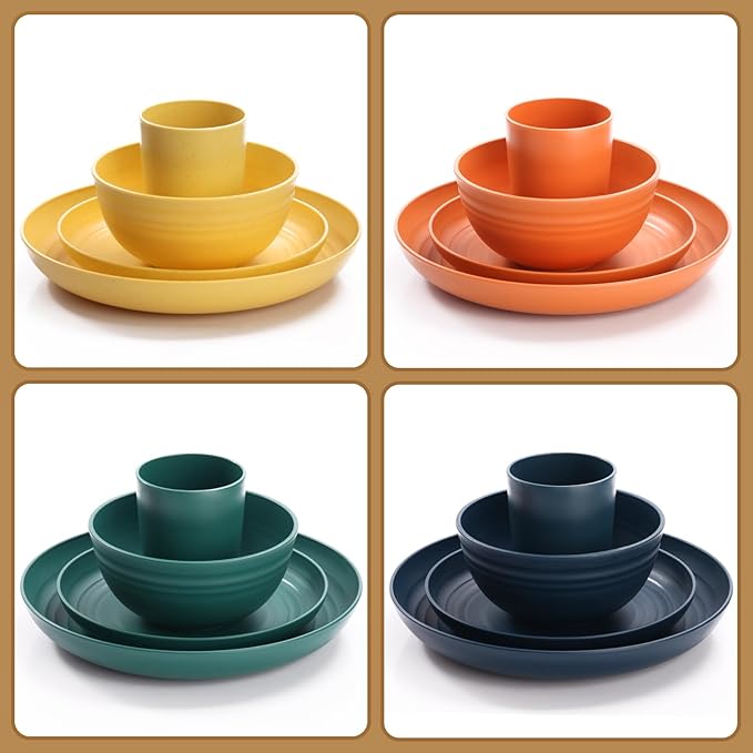 Wheat Straw Dinnerware Sets, Unbreakable Plates and Bowls Sets for 8, Reusable Plastic Plates and Bowls, 32Pcs Dishwasher Microwave Safe Plastic Dishes, Kitchen RV Camping Outdoor