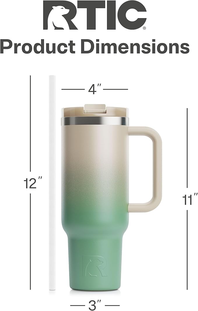 RTIC 40 oz Road Trip Tumbler Double-Walled Cermaic Lined Insulated Stainless Steel Portable Travel Coffee Mug Cup with Lid, Handle and Straw, Sage Ombre