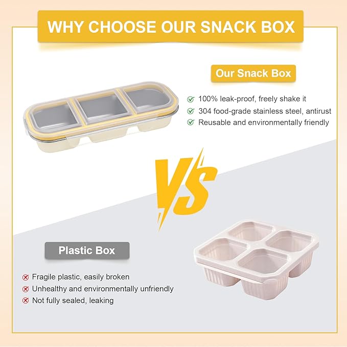 Stainless Steel Snack Container with Lids, Snackle Box Container for Adults, Reusable Metal Bento Box, Leek Proof 3 Compartment Divided Food Storage Containers for Diet Control, Picnic, Work, Travel