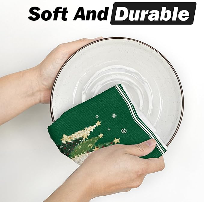 Artoid Mode Green Star Xmas Tree Merry Christmas Kitchen Dish Cloths, 12x12 Inch Quick Dry Microfiber Dishcloths for Kitchen Dish Rags Set of 2