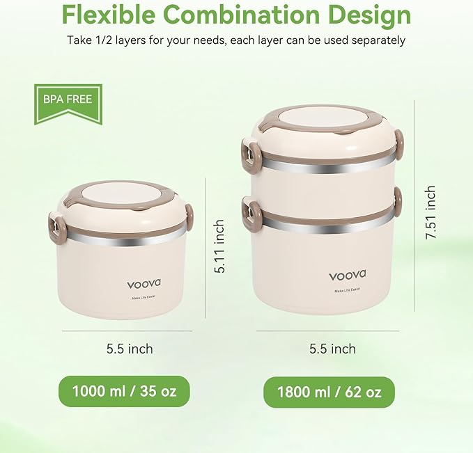 Voova Stackable Stainless Steel Thermal Lunch Box with Lunch Bag for Women Men Adult, 2 Tier Leakproof & Microwave Safe Insulated Bento Boxes Food Container for Work School, Black