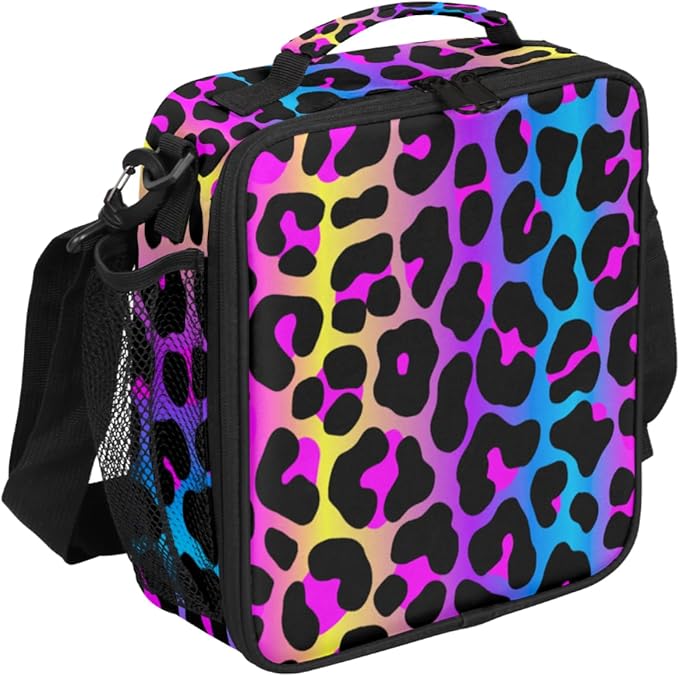 Rainbow Cheetah Leopard Print Lunch Bag Box for Kids Boys Girls Insulated Lunch Tote Bag with Adjustable Shoulder Strap Reusable Waterproof Thermal Cooler Bag for School Work Picnic Women Men