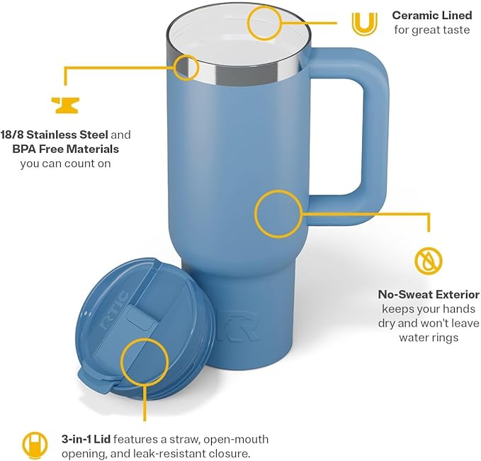 RTIC 30 oz Road Trip Tumbler Double-Walled Insulated Stainless Steel Portable Travel Coffee Mug Cup with Lid, Handle and Straw, Denim