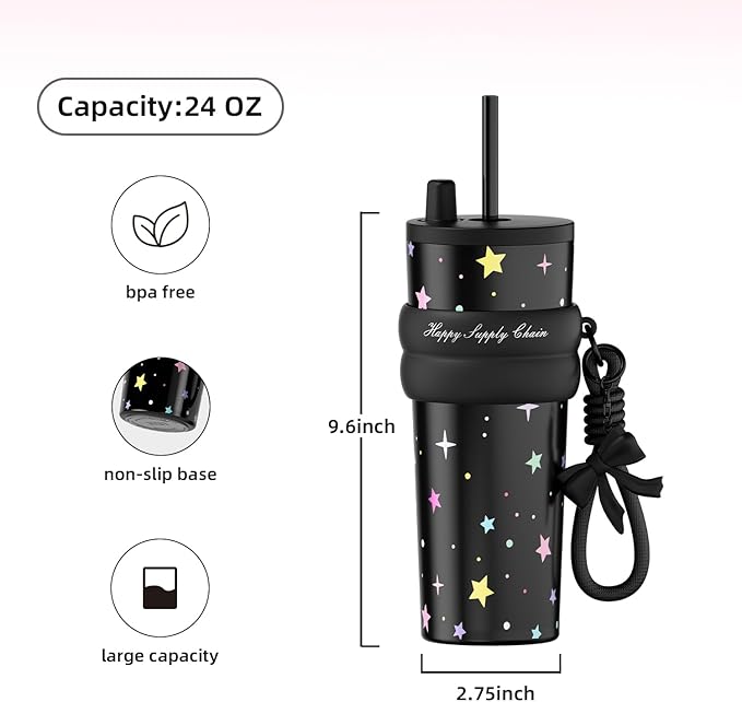 24 oz Stainless Steel Tumbler with Lid and Straw, Insulated Water Bottle Leak Proof for Hot and Cold, Portable Travel Coffee Mug, Reusable Coffee Cup for Women, Black Star