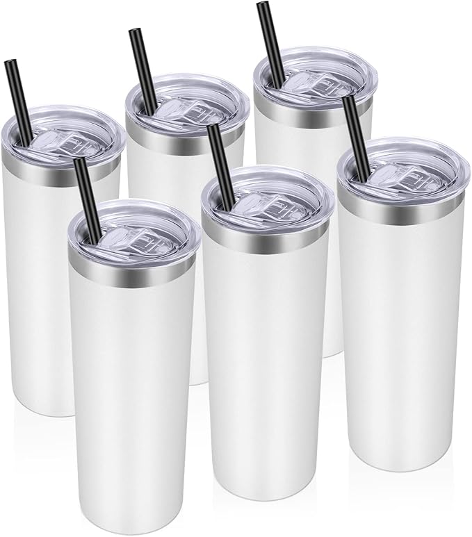 VEGOND Stainless Steel Tumblers Bulk 6 Pack, 20 oz Vacuum Insulated Skinny Tumblers with Lid and Straw, Double Wall Coffee Mug, Travel Water Cup, White