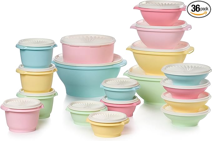 Tupperware Heritage Collection 36 Piece Food Storage Container Set in Vintage Colors- Dishwasher Safe & BPA Free - (18 containers + 18 lids)