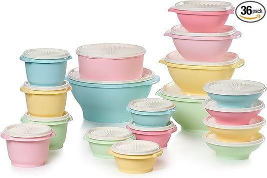 Tupperware Heritage Collection 36 Piece Food Storage Container Set in Vintage Colors- Dishwasher Safe & BPA Free - (18 containers + 18 lids)