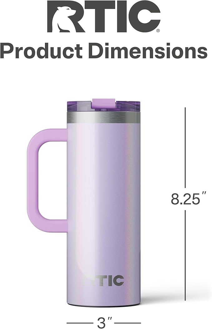 RTIC 20oz Road Trip Travel Mug with Lid and Handle, Ceramic Lined, Insulated, Stainless Steel, Metal, Double Wall Vacuum-Insulation, Portable Coffee, Tea Cup for Hot and Cold Drink, Lavender Glitter