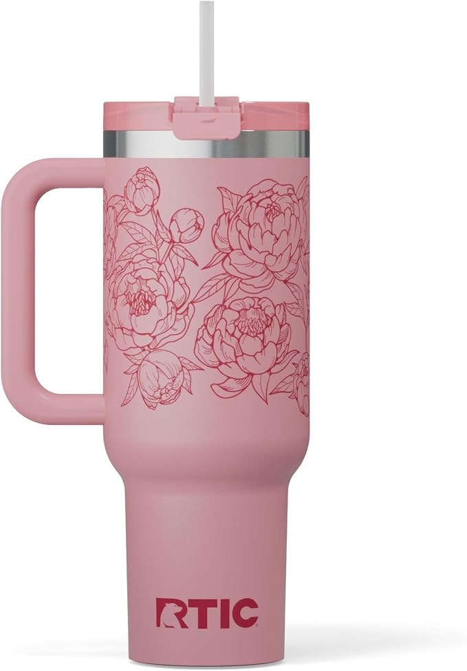 RTIC 40 oz Road Trip Tumbler Double-Walled Cermaic Lined Insulated Stainless Steel Portable Travel Coffee Mug Cup with Lid, Handle and Straw, Pink Peonies