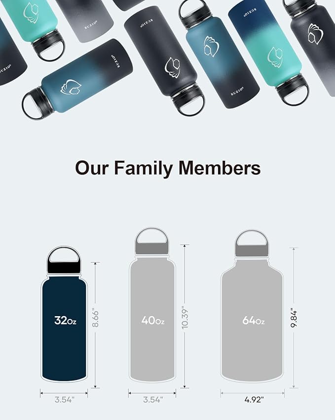 BUZIO 32 oz Water Bottle Insulated with Straw & 3 lid and Carrying Pouch, Leak Proof Anti-Slip Stainless Steel Water Flask Jug, Cold for 48 Hrs Double Vacuum Thermo Canteen, Pearlescent Purple Green