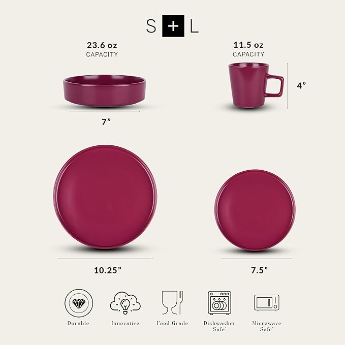 Stone Lain Cleo Stoneware 32-piece Round Dinnerware Set, Magenta,Service For 8,Coupe - Celina