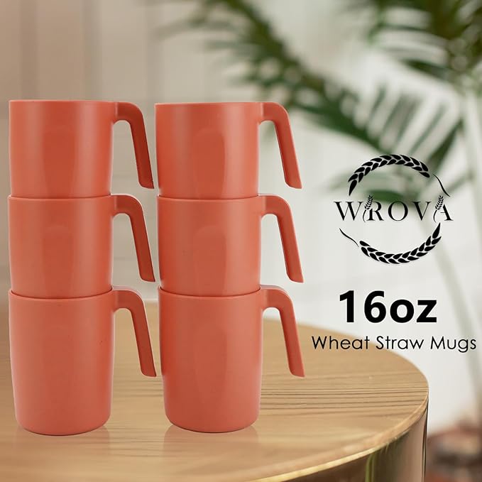 Wrova 16oz Wheat Straw Cups with handles set of 6-Plastic Cups Reusable-Unbreakable Kids Mugs-Dishwasher Safe & Microwave Safe-Ideal Plastic Mugs for Tea,Coffee,Camping,RV-Orange
