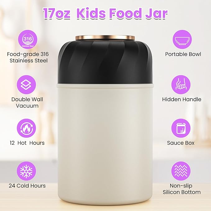 Bento Lunch Box Set with 17oz Soup Thermo, Lunch Box for Kids with Folding Fork & Spoon, Leakproof Lunch Food Containers with 4 Compartment for School, Office, Travel and Park Pinic