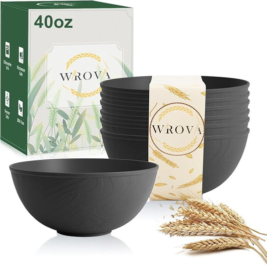 Wrova Black Cereal Bowls 40oz for Cereal Lover,Unbreakable Alternative Plastic Bowls Set of 6,Extra Thick Anti-Scald Bowl Sets suitable for Salad,Soup and Fruit.
