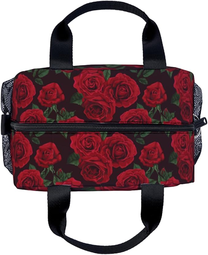 Red Rose Black Background Lunch Bag for Women Men Cute Large Capacity Thermal Lunch Tote Reusable Washable with Adjustable Shoulder Strap and Dual Large Mesh Side Pockets