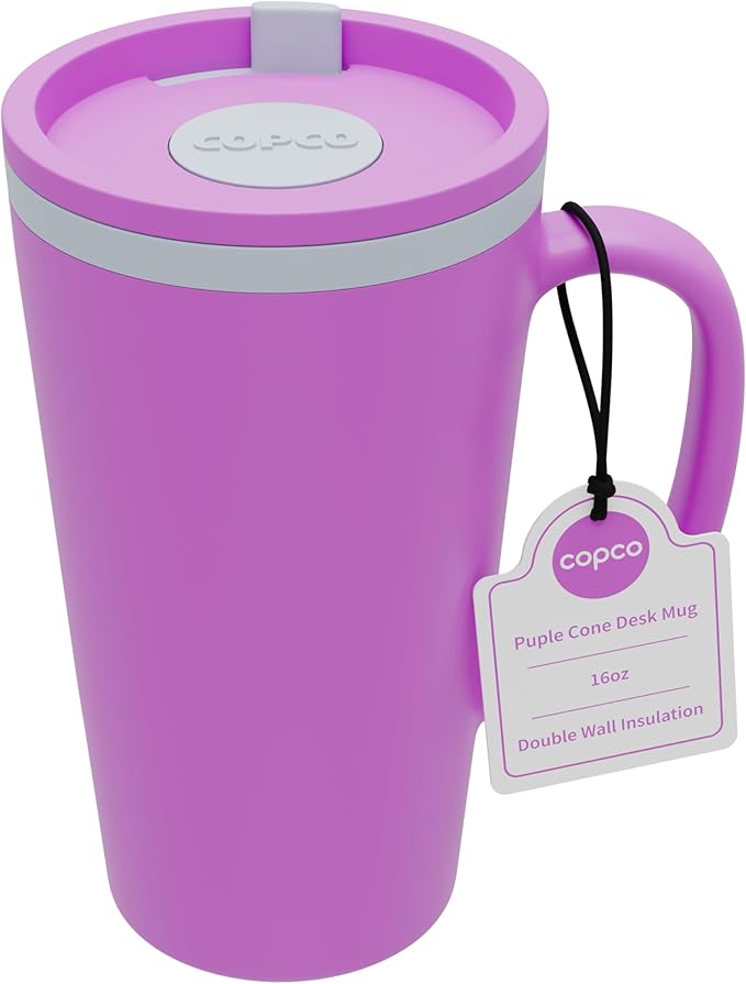 Copco Cone Desk Mug, 16 Ounce - Double Wall Insulated Travel-Friendly Mug with Lid and Handle, Microwave & Dishwasher Safe, BPA-Free Mug, Desk-Friendly & Car Cup Holder Compatible (Purple)