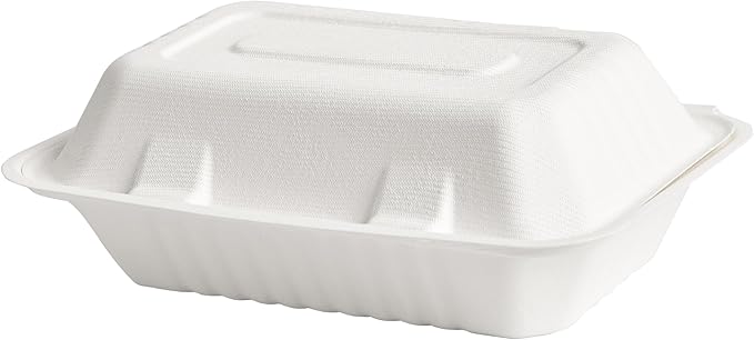 CIAO! 9"X6"X3" Clamshell 1 Compartment 100% Compostable Ecofriendly PFAS Free Unbleached Bagasse Natural White (250/case)