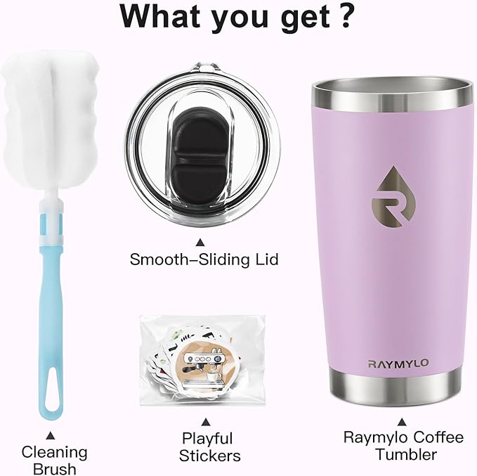 20 oz Coffee Tumbler - Insulated Stainless Steel Travel Mug for Hot/Cold, Spill Proof with BPA-Free Detachable Lid, Coffee Cup Fits Most Car holder, Includes Chic Stickers, Light Purple