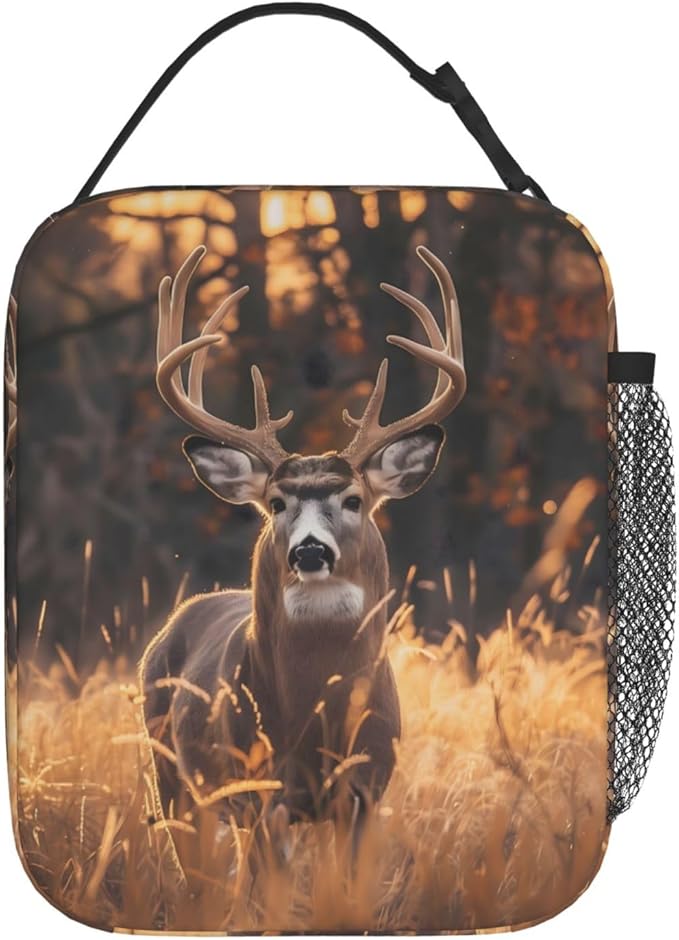 Reusable Sunset Deer Lunch Box for Kids, Insulated Autumn Leaf Fall Bag,Polyester Cooler Wildlife Lovers Handbags Case for School Picnic Work Travel Beach or Hiking, Gifts