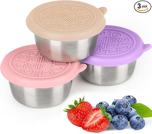 3X1.6-ounce stainless steel salad dressing cup with leak-proof silicone lid, reusable sauce container, seasoning box, lunch box accessory, children's snack dispensing can