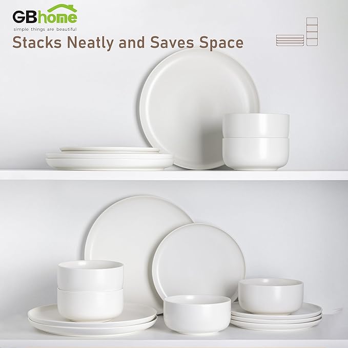 LERATIO Stoneware Dinnerware Sets for 4,Handcarft Ceramic Plates and Bowls Sets,Chip and Scratch Resistant Dishes, Dishwasher & Microwave Safe, Oven safe,Reactive Glaze-White