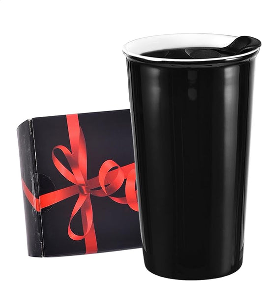 Ceramic Travel Mug, 12oz Unique To Go Coffee Mugs with Splash Resistant Lid and Color Box, Reusable Double Wall Black Mug Porcelain Coffee Cup, Gifts for Women Men Her Him, Black