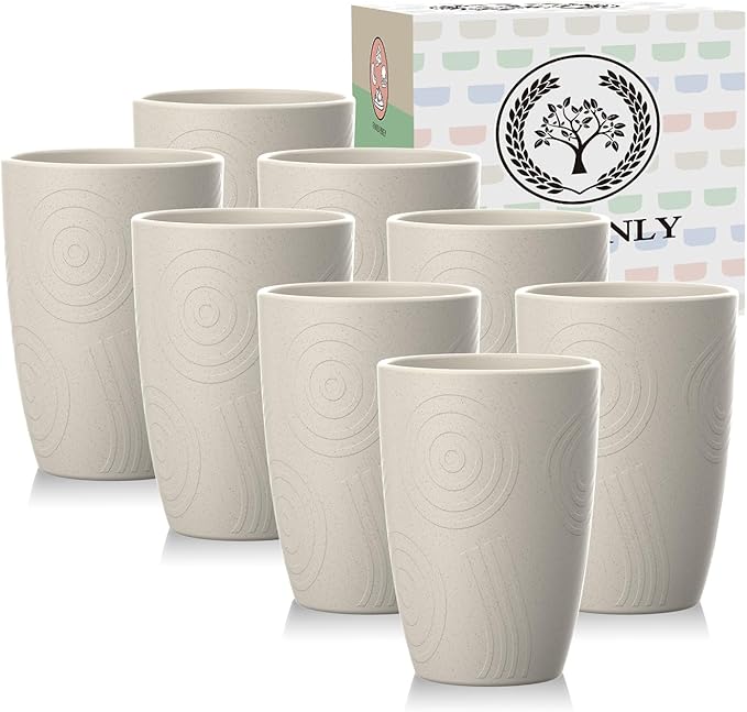Homienly Wheat Straw Cups 8 PCS Plastic Cups Unbreakable Drinking Cup Reusable Dishwasher Safe Water Glasses with Beige Colors (12 OZ)