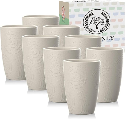 Homienly Wheat Straw Cups 8 PCS Plastic Cups Unbreakable Drinking Cup Reusable Dishwasher Safe Water Glasses with Beige Colors (12 OZ)