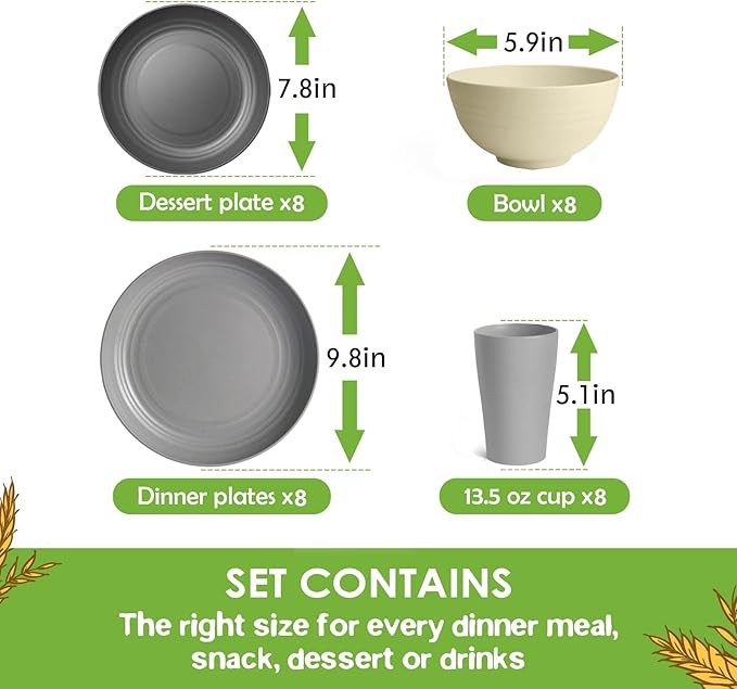 Teivio 32-Piece Kitchen Plastic Wheat Straw Dinnerware Set, Service for 8, Dinner Plates, Dessert Plate, Cereal Bowls, Cups, Unbreakable Colorful Plastic Outdoor Camping Dishes, Gray Stone