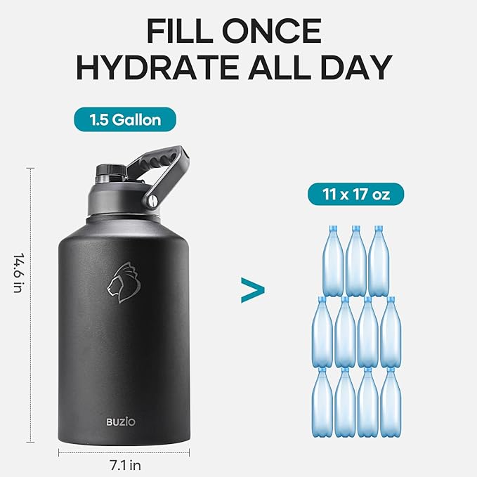 BUZIO 1.5 Gallon Water Bottle Insulated, (Cold for 48 Hrs) 196oz Large Water Jug Stainless Steel, 3.58in Big Wide Mouth Leak Proof BPA Free Flask with Carrying Sleeve for Camping,Gym,Travel, Black