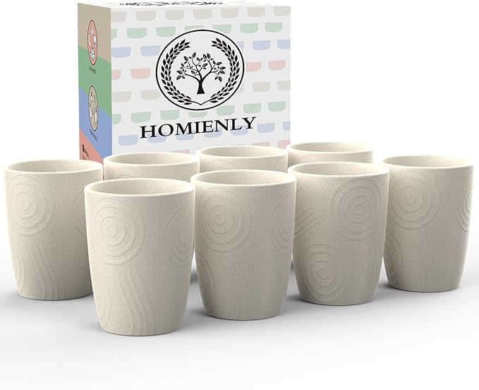 Homienly Wheat Straw Cup Unbreakable Water Cup | 16 OZ Reusable Water Drinking Glasses Sets of 8 | Lightweight Tumbler for Kitchen Outdoor | Dishwasher & Microwave Safe Kitchen Cup Set - Beige