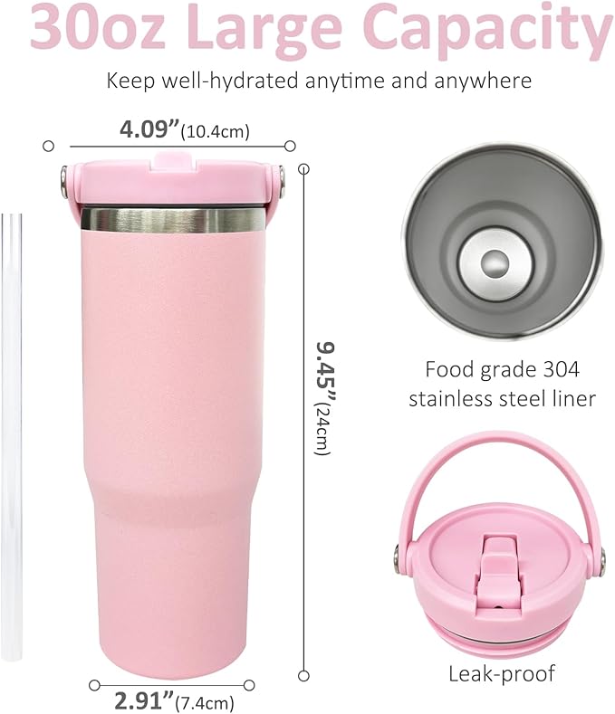 30 oz Tumbler Bulk with Top Handle, Double Wall Vacuum Insulated Tumbler with Flip Straw, Travel Coffee Mug 30oz Powder Coated Cup for Laser Engraving (Pink,4 pack)