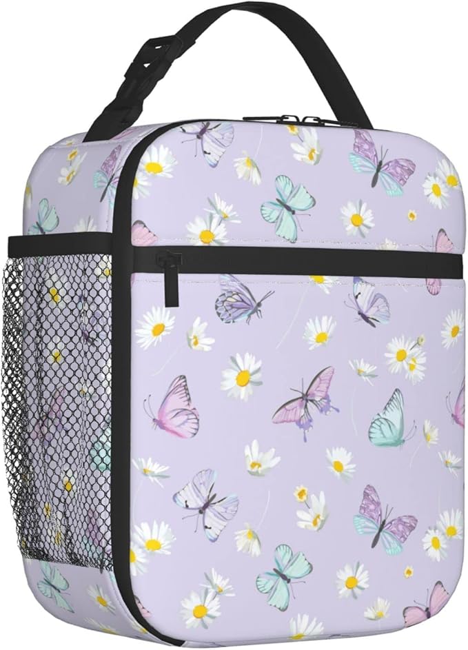 SUPLUCHOM Lunch Bag Butterfly Daisy Flower Purple Insulated Bag Girl Women Reusable with Side Pocket for Work School Picnic Hiking Daytrip Over 3 Years Old